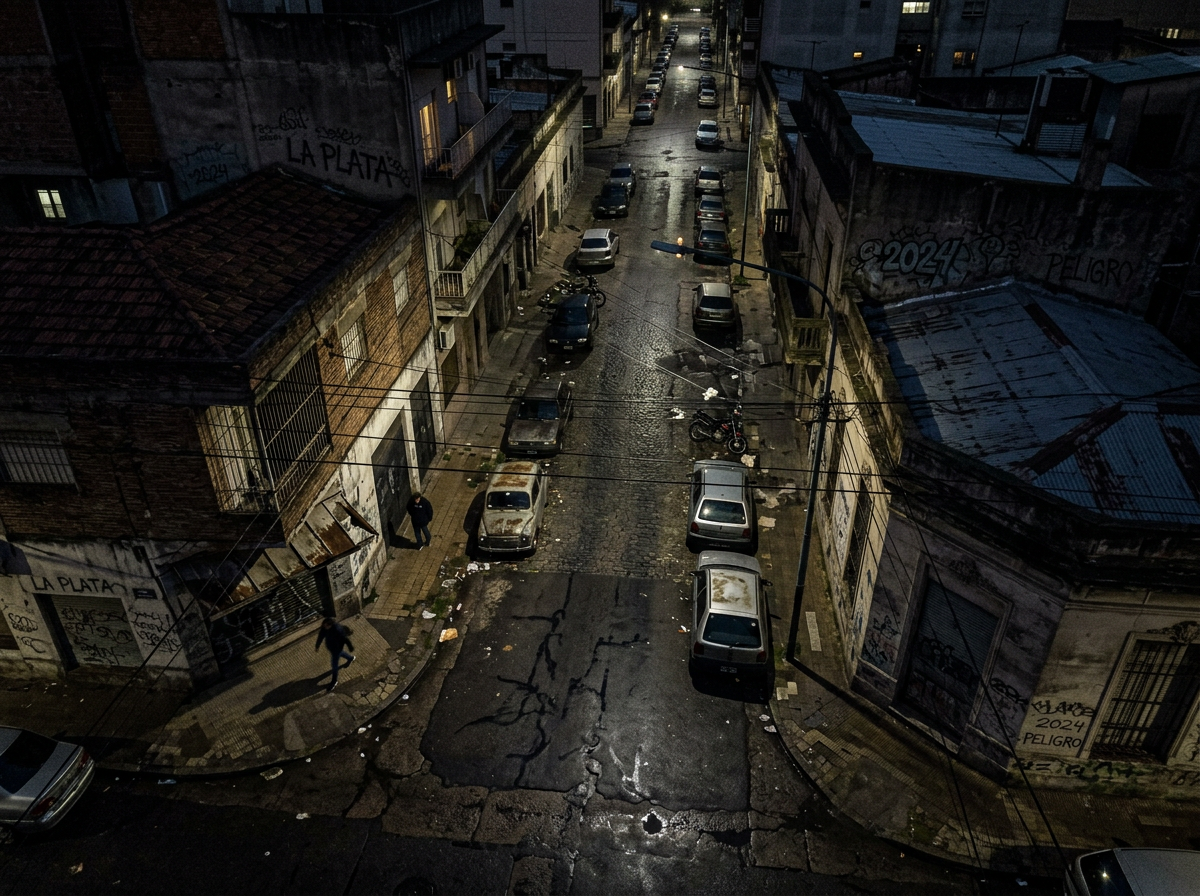 Wet urban street lined with parked cars and graffiti-covered buildings